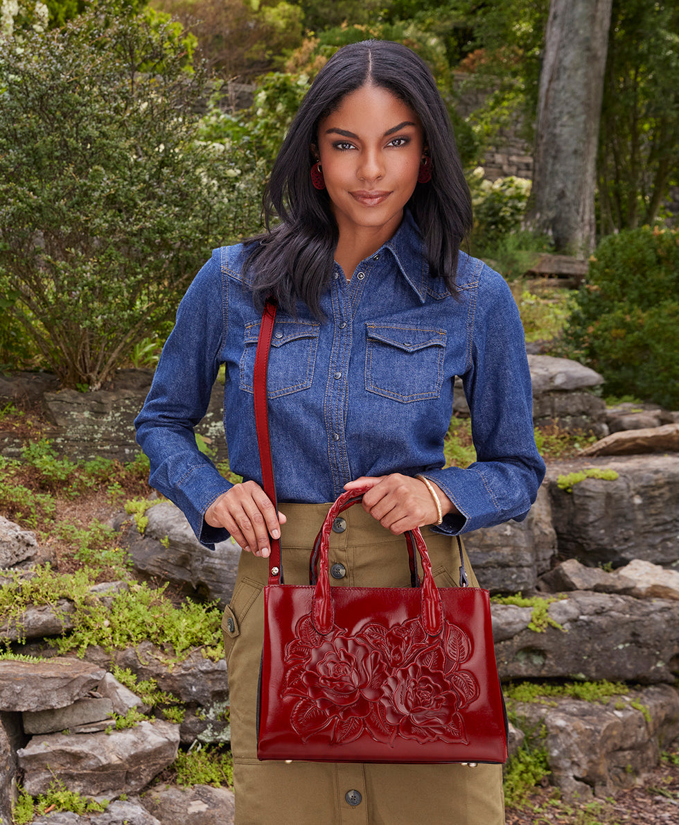Female - Genovese Top Handle Crossbody - Vintage Vegetable Tanned Rose Tooled - rosewood - by Patricia Nash - View 19 of 33