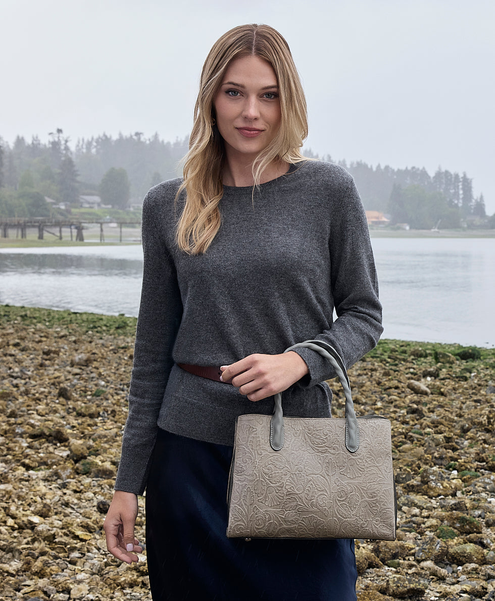 Female - Genovese Satchel | Brazilian Supple Tooled | Nordic Blue - nordic blue - by Patricia Nash - View 2 of 5