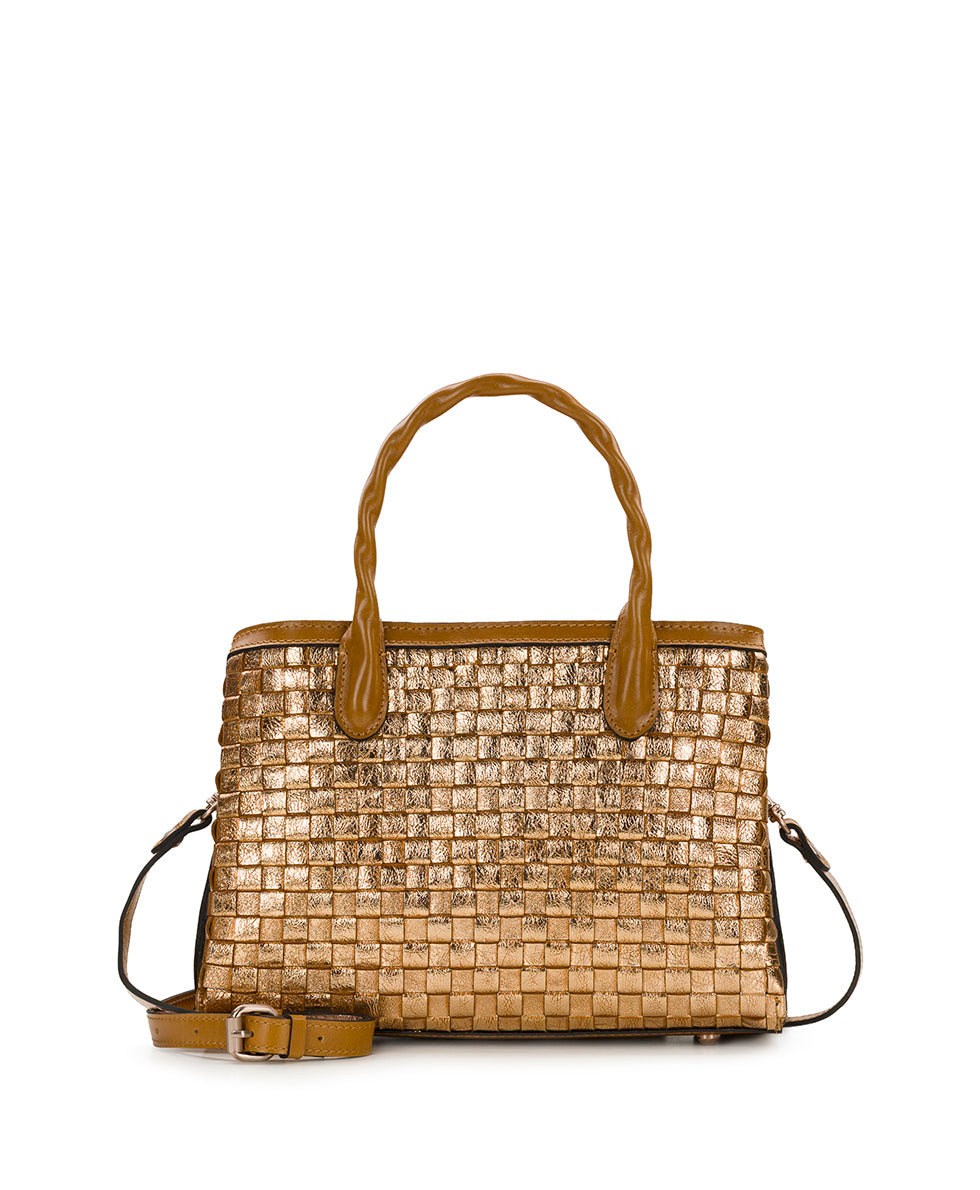 Female - Genovese Satchel - Vintage Distressed Metallic Woven - light tan - by Patricia Nash - View 1 of 4