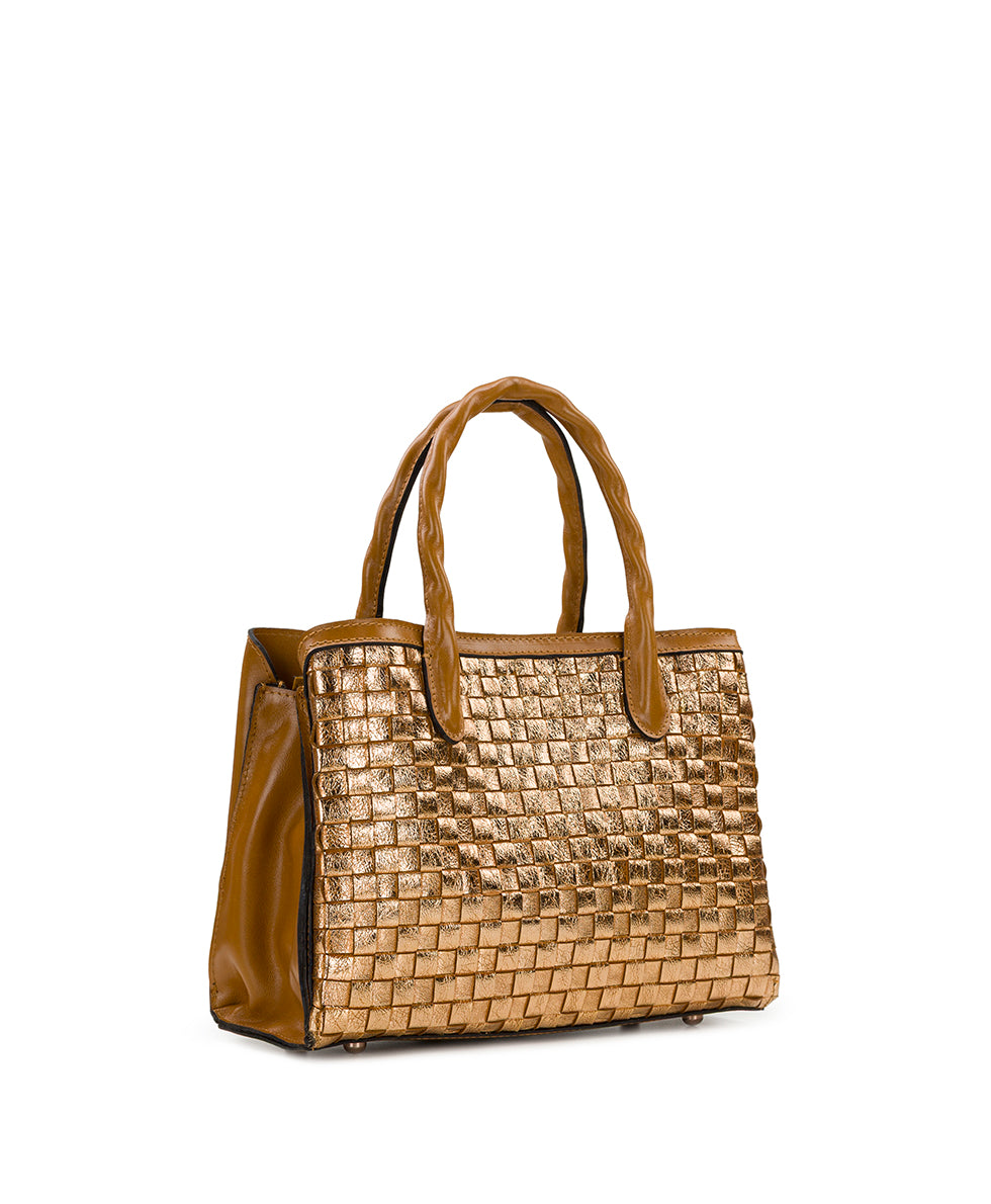 Female - Genovese Satchel - Vintage Distressed Metallic Woven - light tan - by Patricia Nash - View 3 of 4