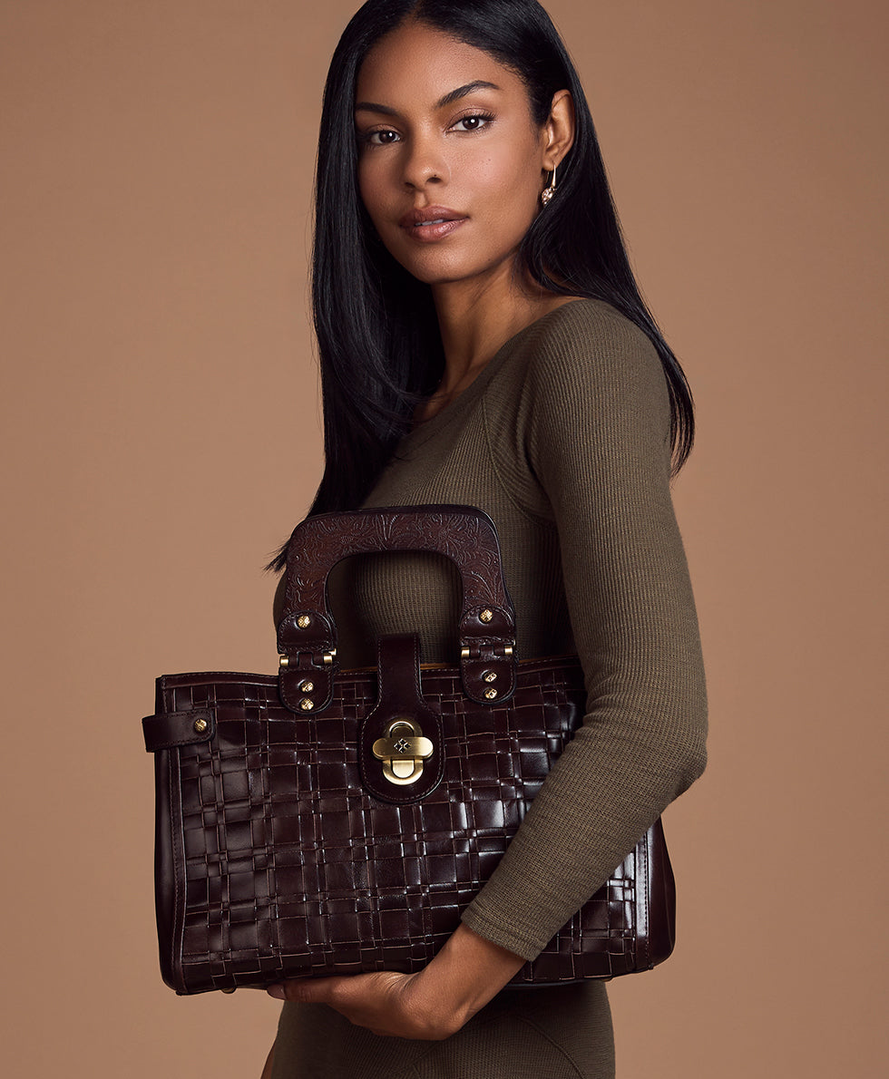 Female - Sancia Woven Satchel - Vintage Distressed Woven - cognac - by Patricia Nash - View 7 of 14