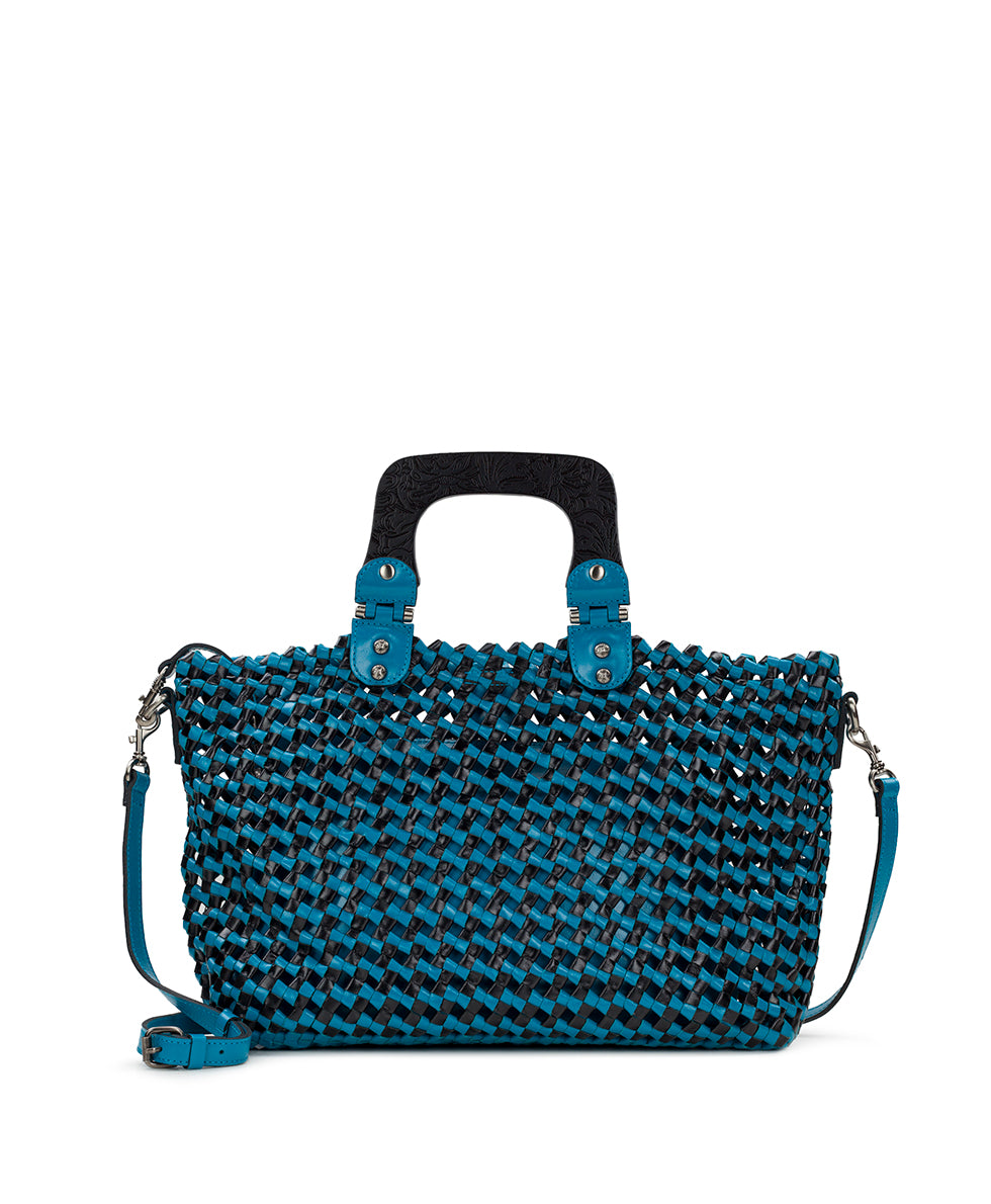 Female - Lorina Woven Tote - Vintage Distressed Woven - turquoise / black - by Patricia Nash - View 1 of 10