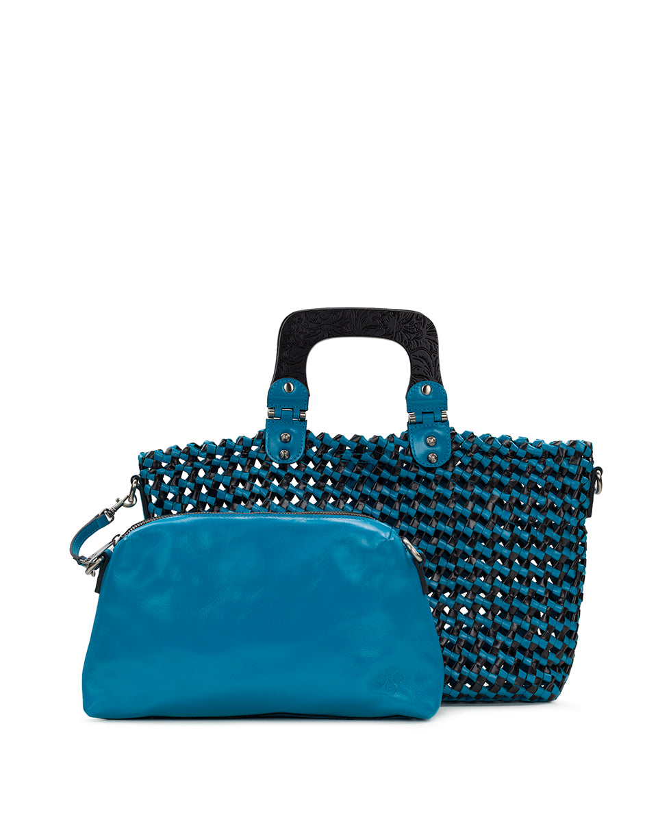 Female - Lorina Woven Tote - Vintage Distressed Woven - turquoise / black - by Patricia Nash - View 2 of 10