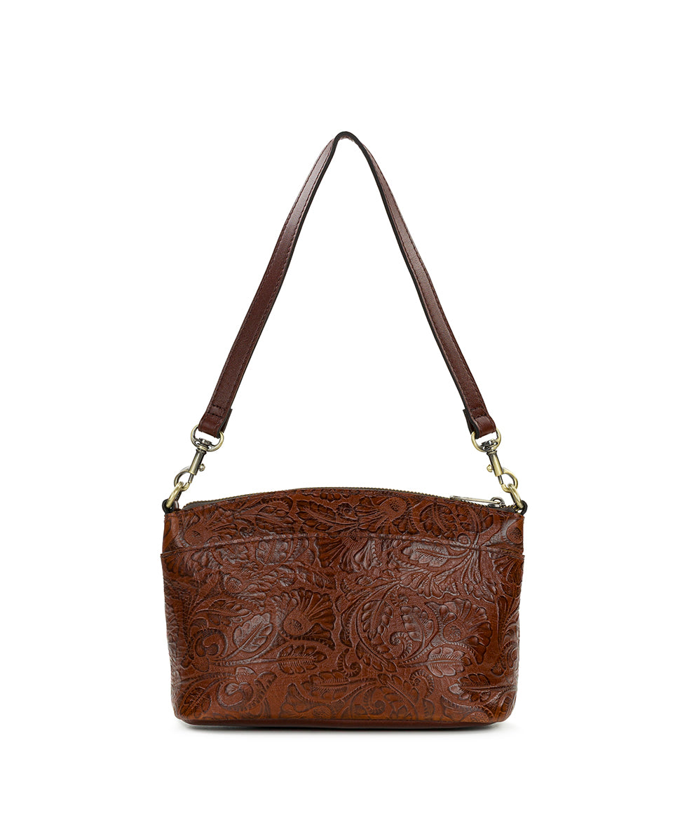 Female - Arlee Crossbody | Brazilian Supple Tooled | Cognac - denim - by Patricia Nash - View 2 of 4