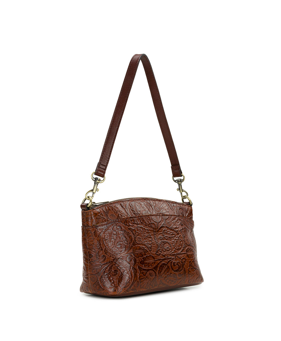Female - Arlee Crossbody | Brazilian Supple Tooled | Cognac - denim - by Patricia Nash - View 3 of 4