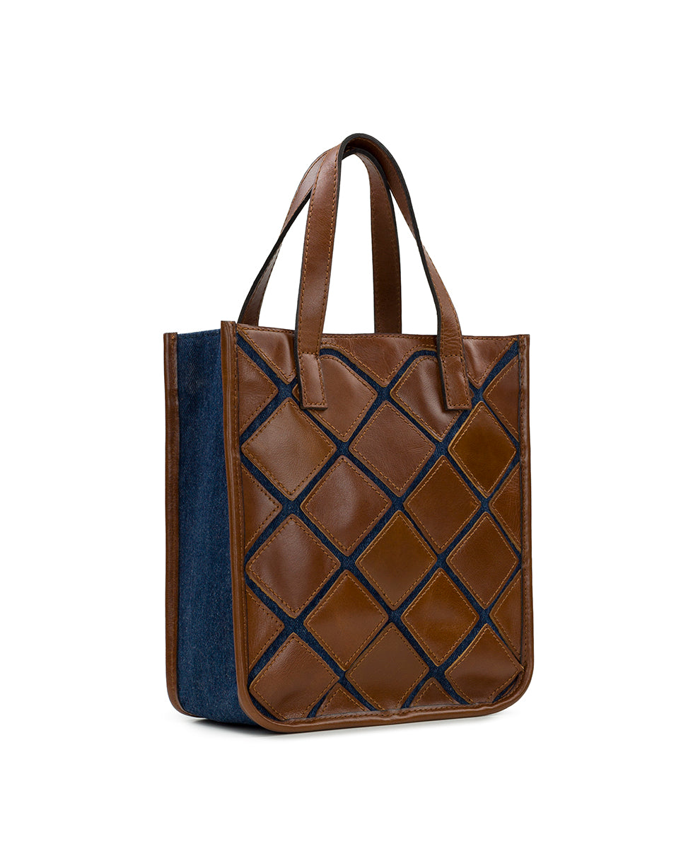 Female - Billie Top Handle Crossbody - Denim and Leather Colorblock - cognac / dark denim - by Patricia Nash - View 3 of 5