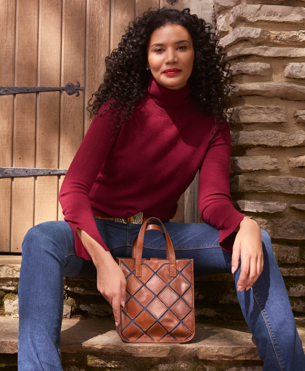 Female - Billie Top Handle Crossbody - Denim and Leather Colorblock - cognac / dark denim - by Patricia Nash - View 4 of 5