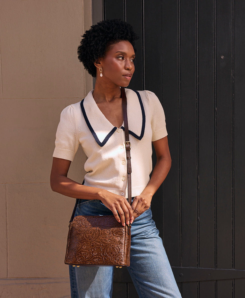 Female - Ithaca Crossbody | Brazilian Supple Tooled | Cognac - cognac - by Patricia Nash - View 2 of 6