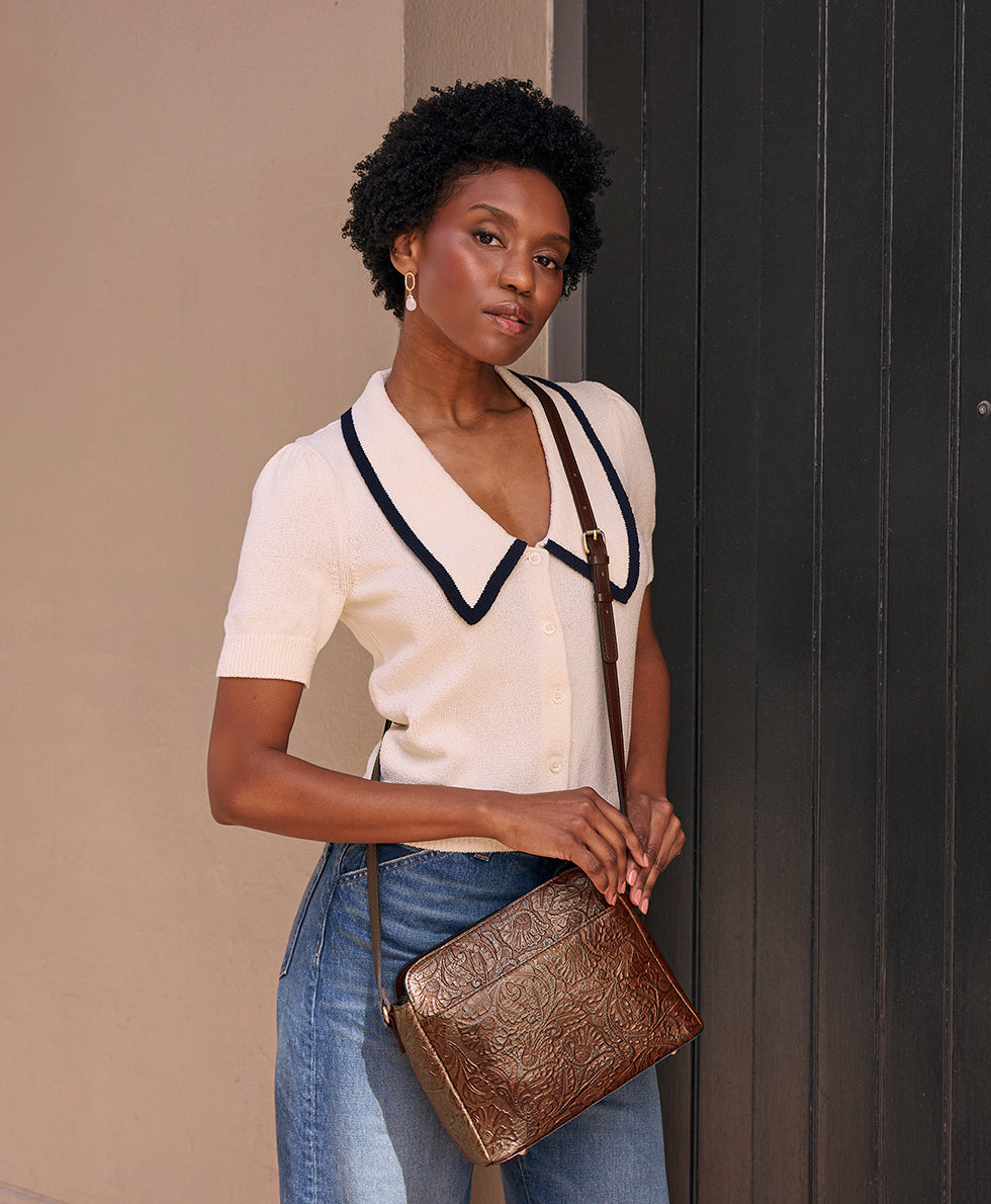 Female - Ithaca Crossbody | Brazilian Supple Tooled | Cognac - cognac - by Patricia Nash - View 6 of 6