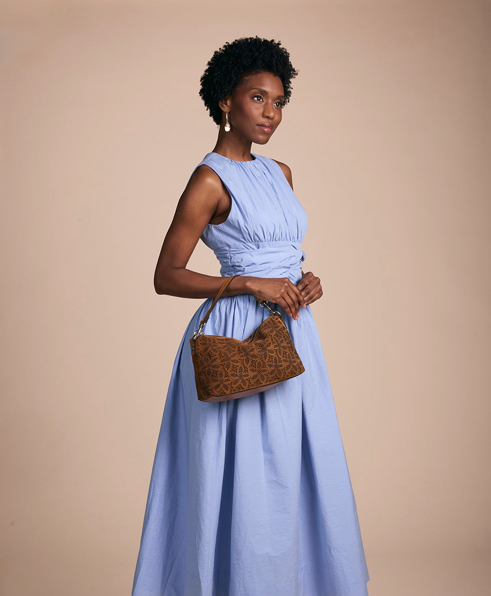 Female - Kolena Hobo Crossbody | Floral Perforated Suede | Light Tan - light tan - by Patricia Nash - View 6 of 6