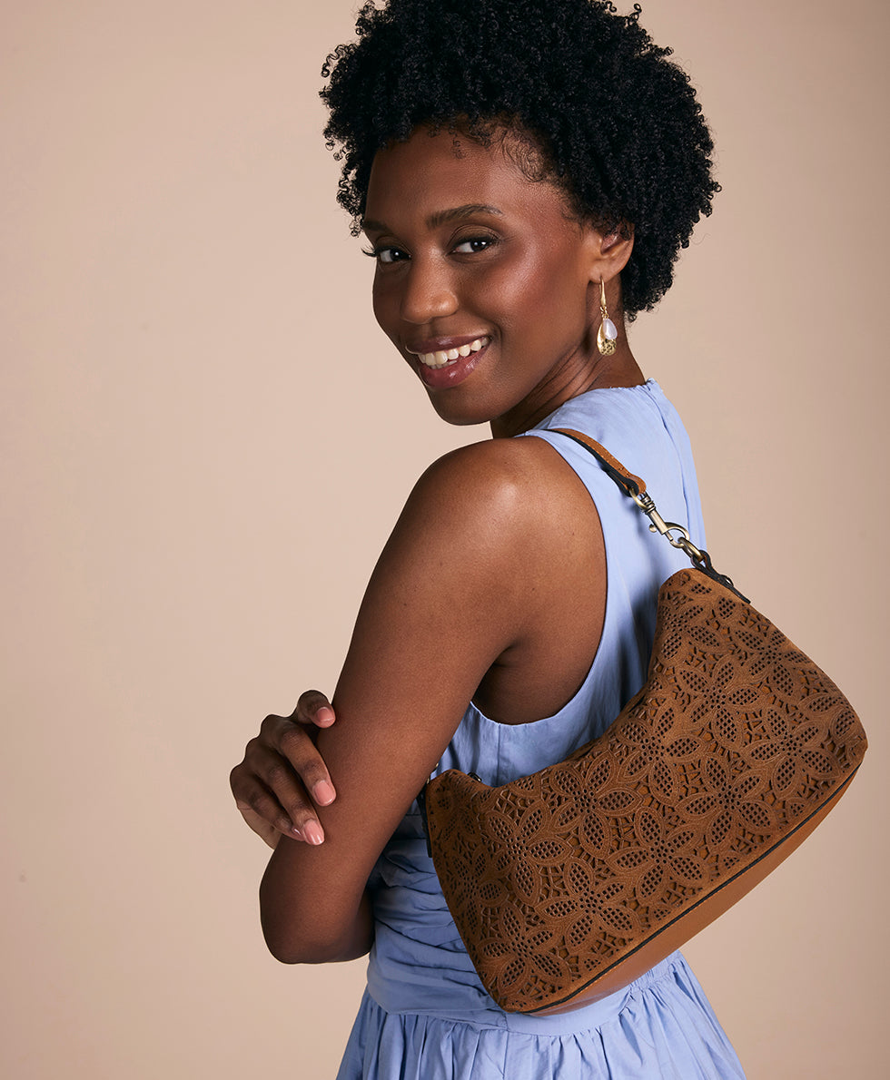 Female - Kolena Hobo Crossbody | Floral Perforated Suede | Light Tan - light tan - by Patricia Nash - View 2 of 6