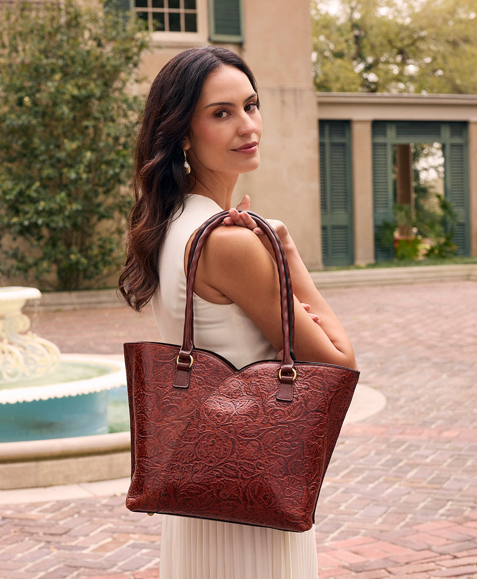 Female - Marion Tote | Brazilian Supple Tooled | Cognac - cognac - by Patricia Nash - View 2 of 6