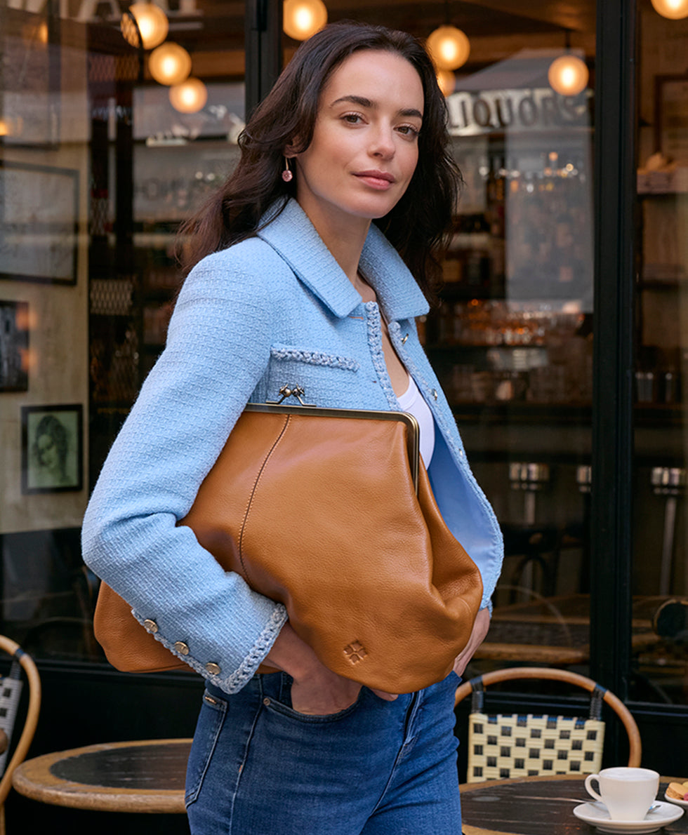 Female - Serafina Large Frame Bag - Rugged Natural Grain - denim blue - by Patricia Nash - View 17 of 28