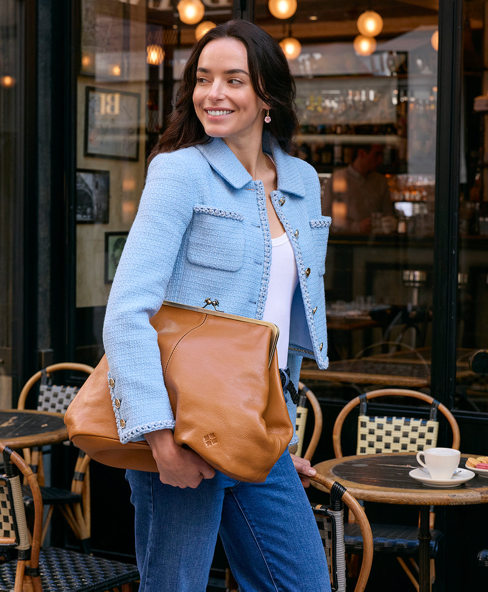 Female - Serafina Large Frame Bag - Rugged Natural Grain - denim blue - by Patricia Nash - View 9 of 28