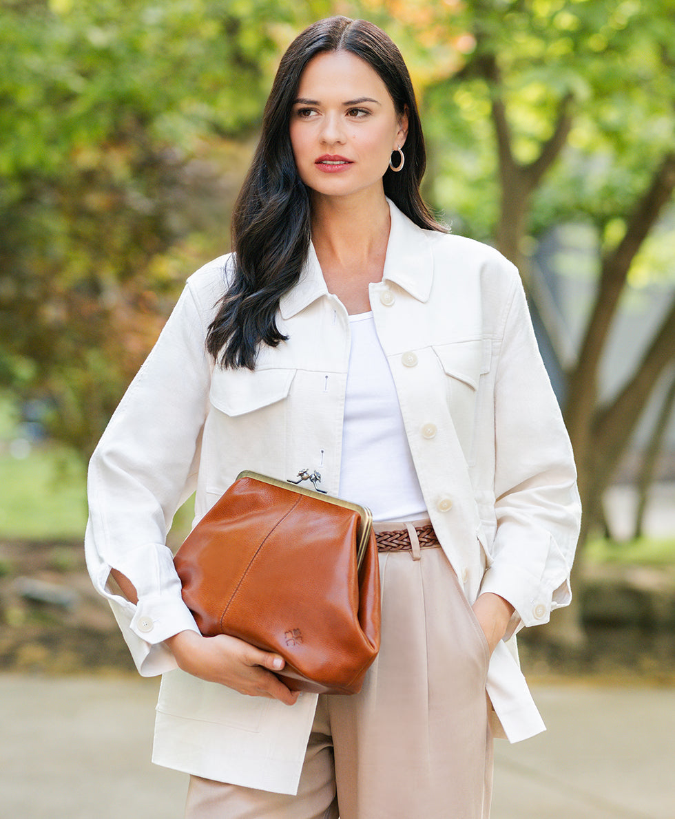 Female - Sofia Frame Bag - Rugged Natural Grain Leather - cognac - by Patricia Nash - View 4 of 6
