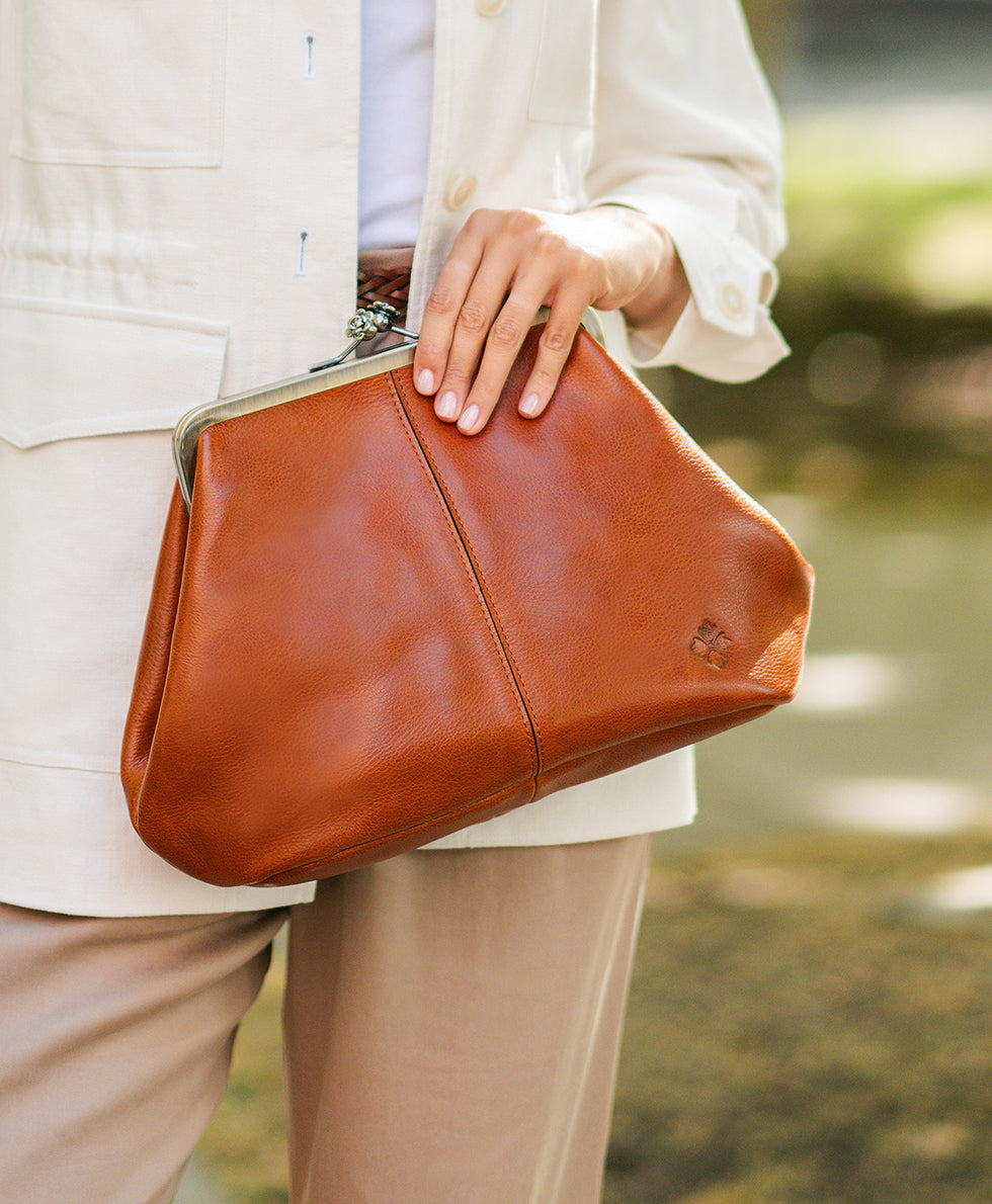 Female - Sofia Frame Bag - Rugged Natural Grain Leather - cognac - by Patricia Nash - View 6 of 6