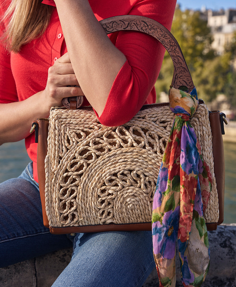 Female - Estelle Straw Tote with Scarf - Specialty Woven - honey/natural - by Patricia Nash - View 6 of 13