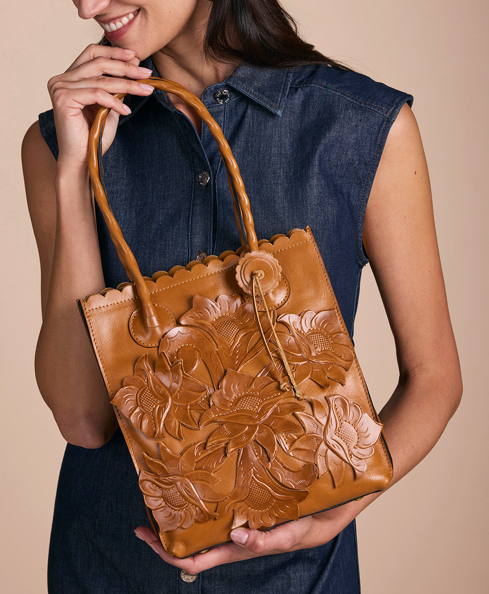 Female - Charline Tote | Cavo Tooled Applique | Distressed Light Tan - light tan - by Patricia Nash - View 2 of 6