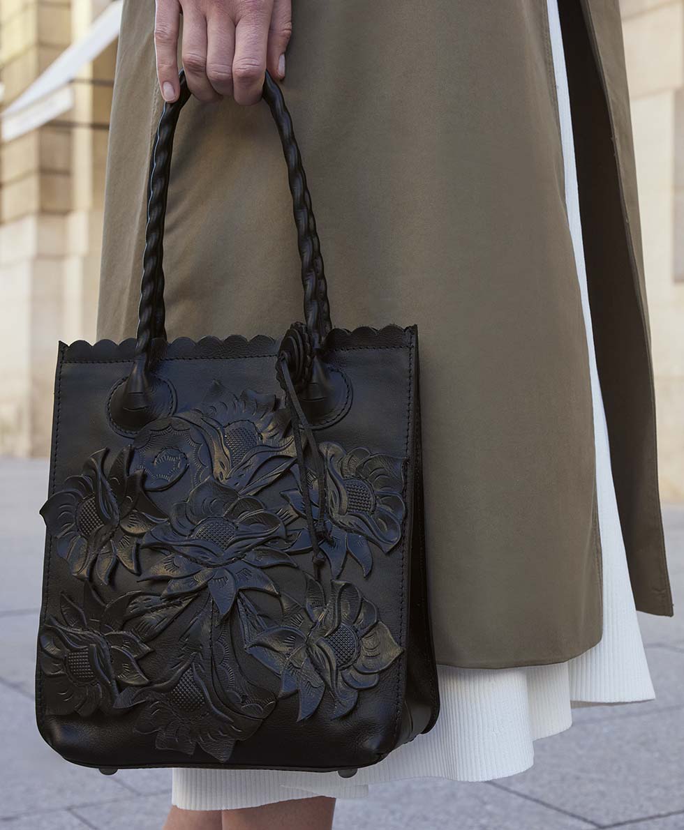Female - Charline Tote | Cavo Tooled Applique | Distressed Black - distressed black - by Patricia Nash - View 6 of 6