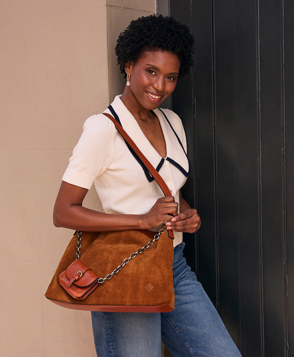 Female - Liora Slouchy Tote with Mini Torri - Suede Leather - cognac - by Patricia Nash - View 2 of 10