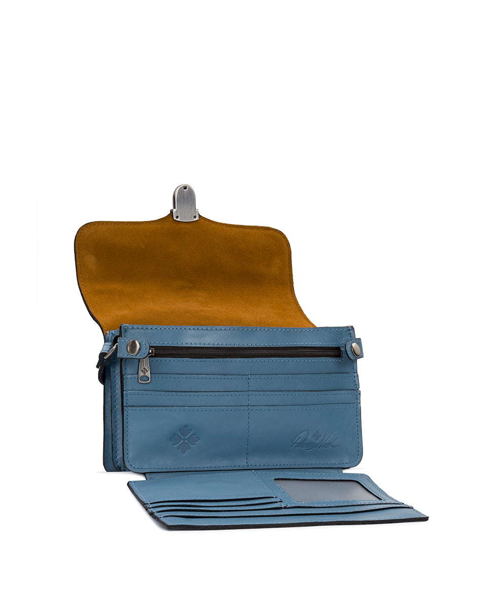Female - Bianco Crossbody Organizer - Vintage Distressed Leather - blue fog - by Patricia Nash - View 4 of 5
