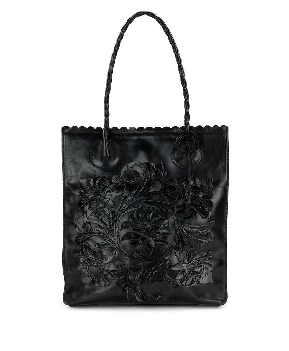 Female - Cavo Tote | Cavo Tooled Applique | Distressed Black - distressed black - by Patricia Nash - View 1 of 4
