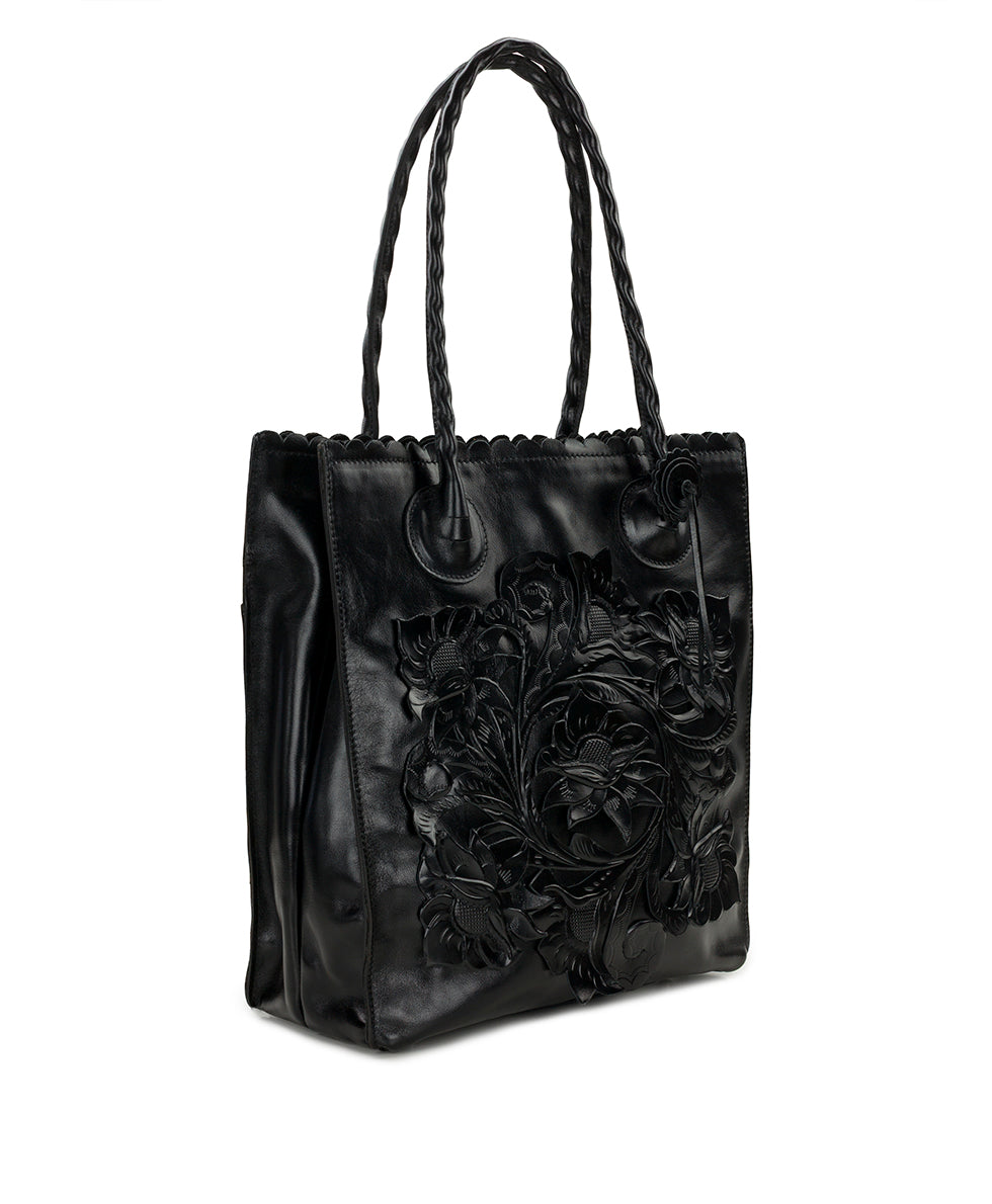 Female - Cavo Tote | Cavo Tooled Applique | Distressed Black - distressed black - by Patricia Nash - View 3 of 4