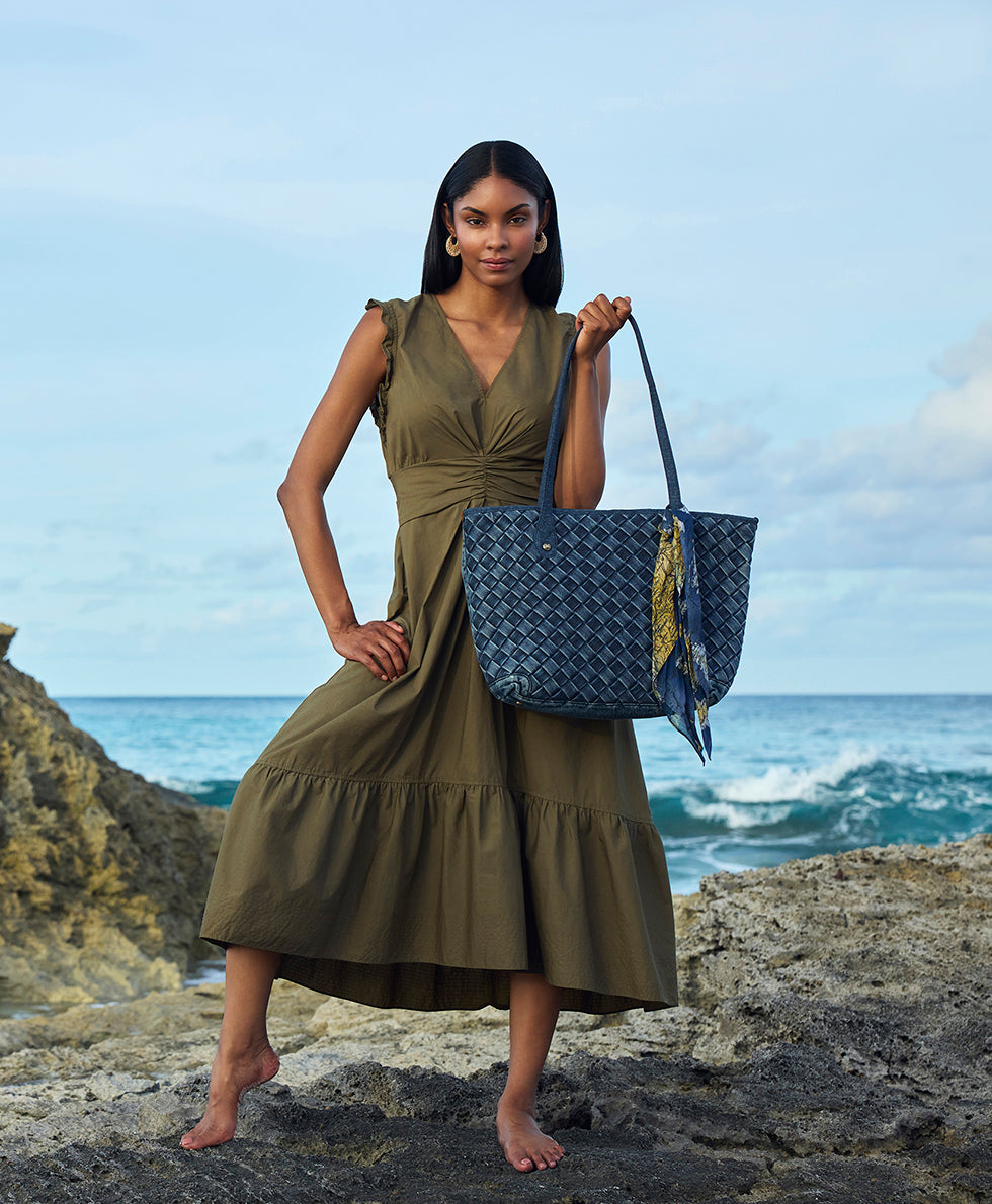 Female - Viotti Tote with Greek Map Scarf - Washed Woven Denim - denim - by Patricia Nash - View 4 of 5