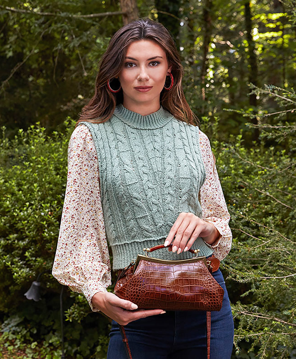 Kelmscott Frame Satchel - Distressed Vintage Croc - british tan - by Patricia Nash - View 6 of 7