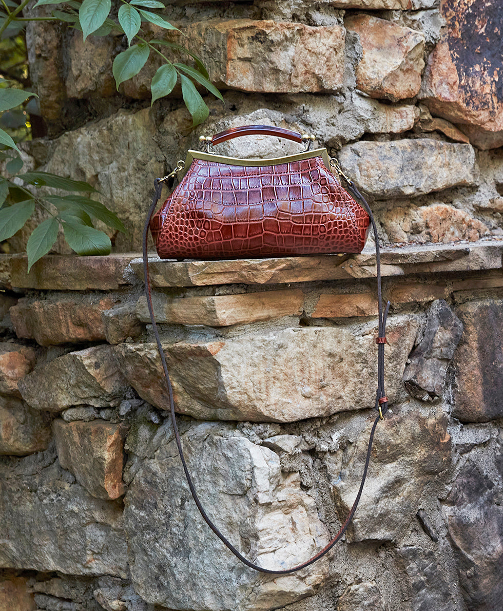 Kelmscott Frame Satchel - Distressed Vintage Croc - british tan - by Patricia Nash - View 7 of 7