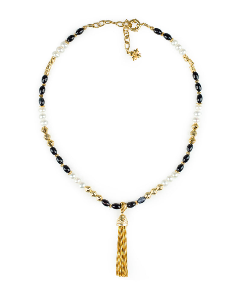 Beaded Tassel Necklace - Black and White