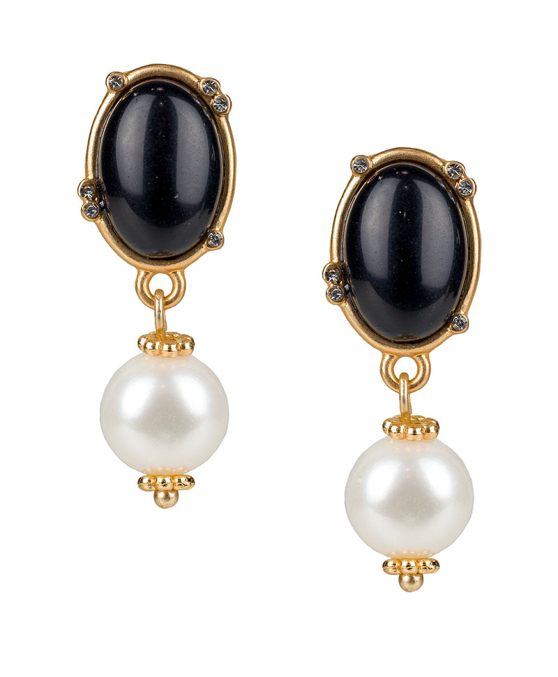 Oval Cab Pearl Earrings - Black and White