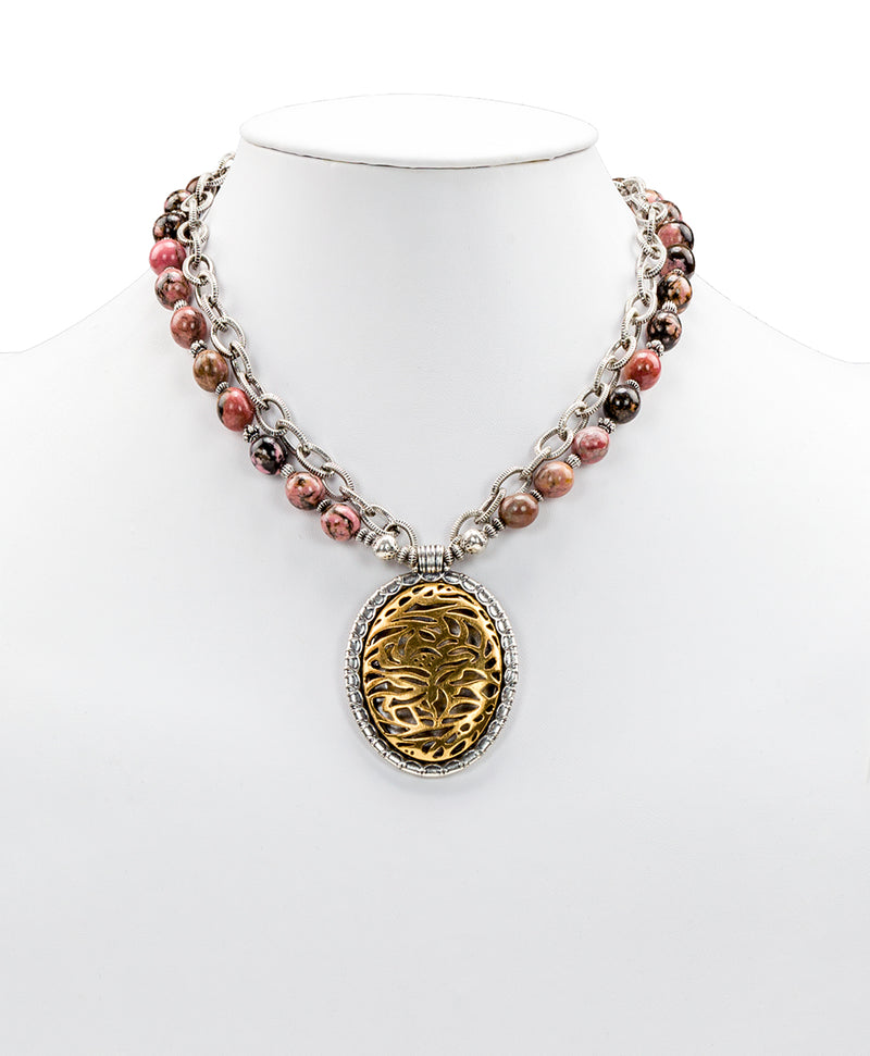 Rhodochrosite Double Chain Pendant Necklace - Cavo Tooling