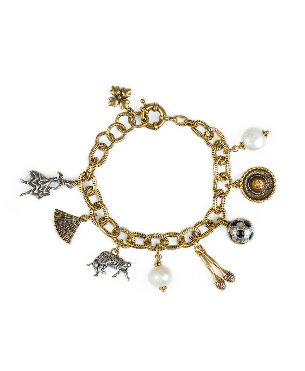 Spain Charm Bracelet - World Traveler - antique gold / silver ox - by Patricia Nash - View 1 of 1