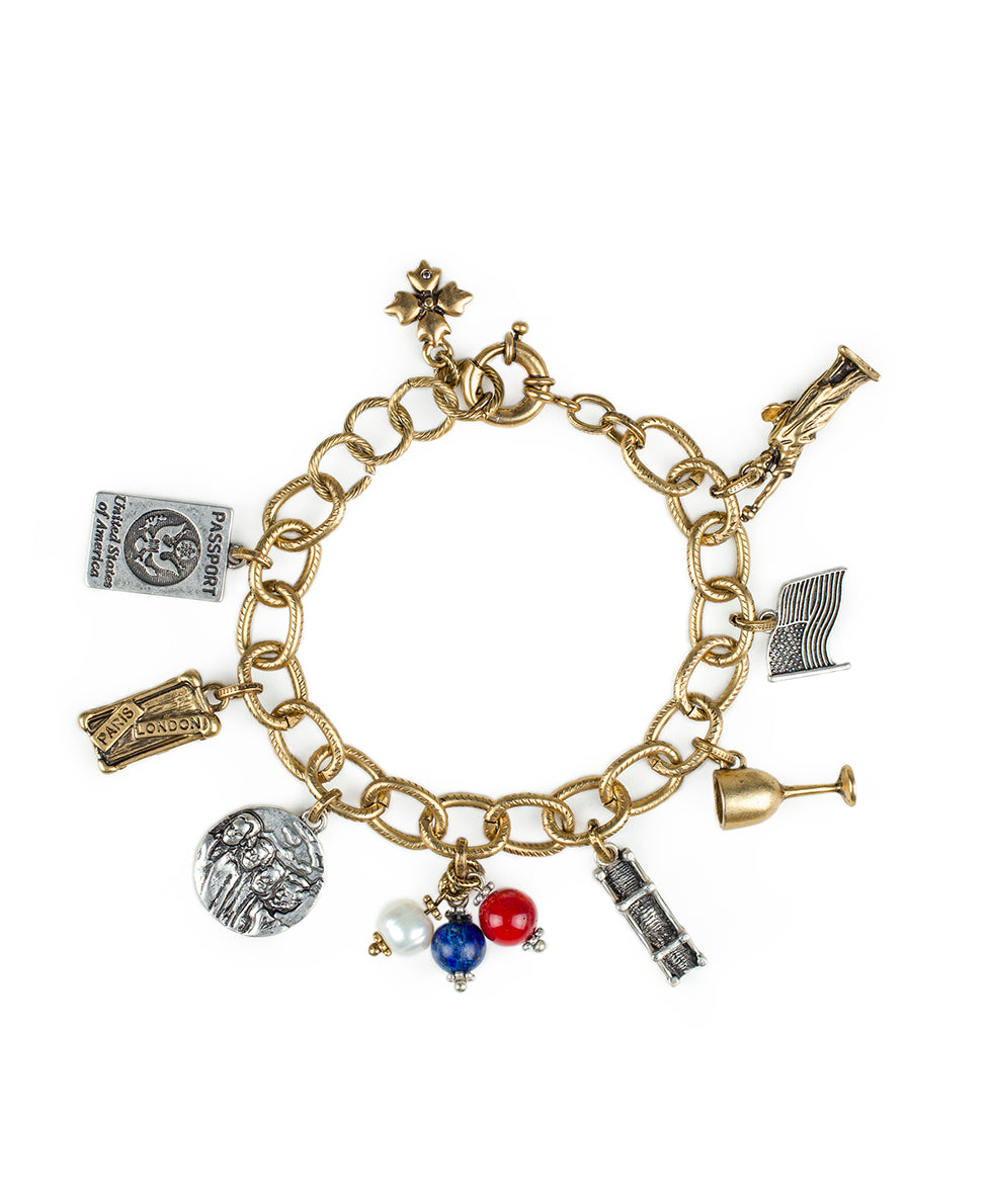 USA Charm Bracelet - World Traveler Collection - silver ox / antique gold - by Patricia Nash - View 1 of 2