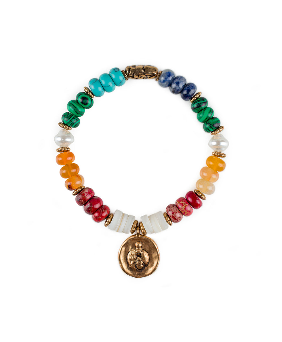 Bee Drop Stretch Bracelet - World Bead - antique gold - by Patricia Nash - View 1 of 4