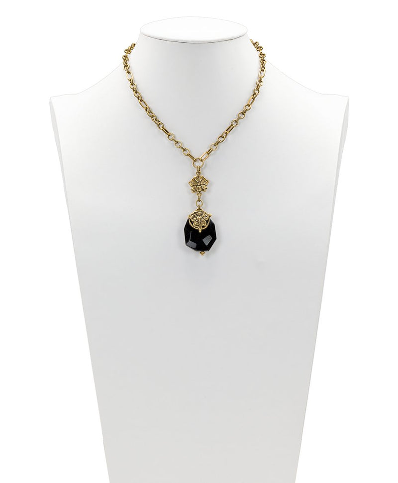 Single Chain Stone Pendant Necklace - Tooled Flower & Vine