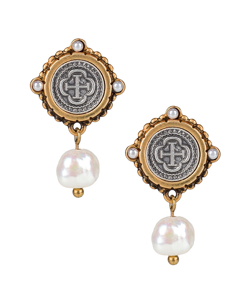 Coin With Pearl Post Earrings - Romantic Coin