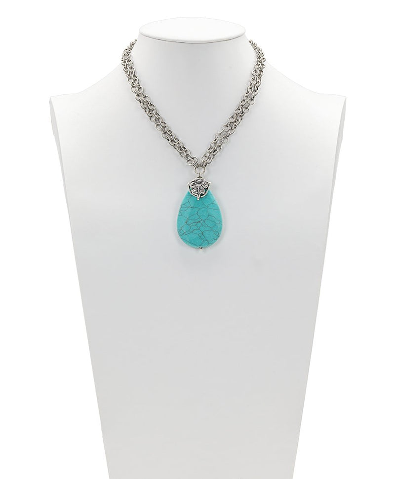 Double Chain Stone Pendant Necklace - Tooled Flower & Vine