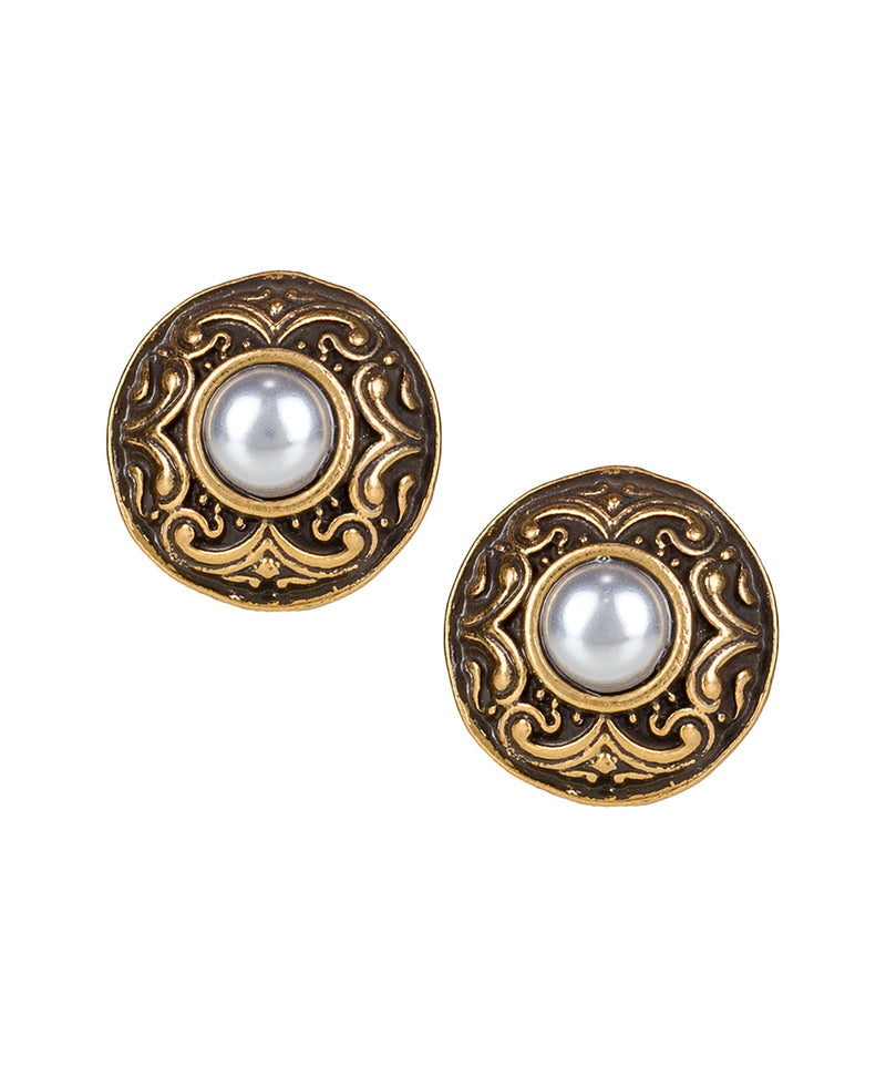 Button Pearl Stud Earrings - Black and White