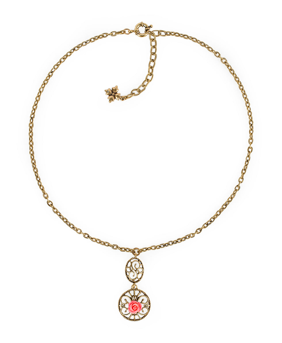 Carved Rose Pendant Necklace - Filigree & Flowers - antique gold - by Patricia Nash - View 1 of 4