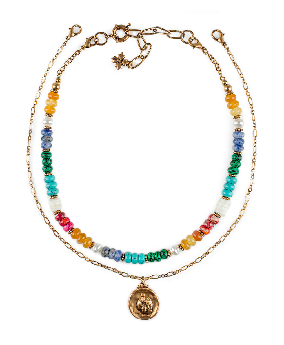 Double Strand Necklace with Bee Pendant - World Bead - antique gold - by Patricia Nash - View 1 of 4