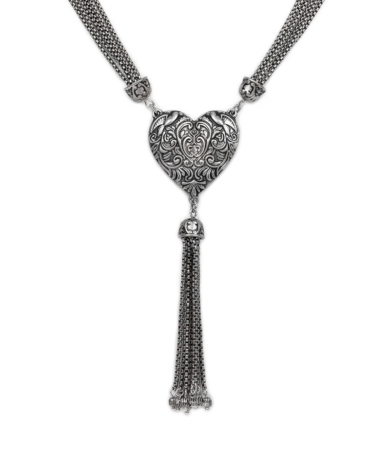 Multi Chain Heart Tassel Necklace - Tooled Heart