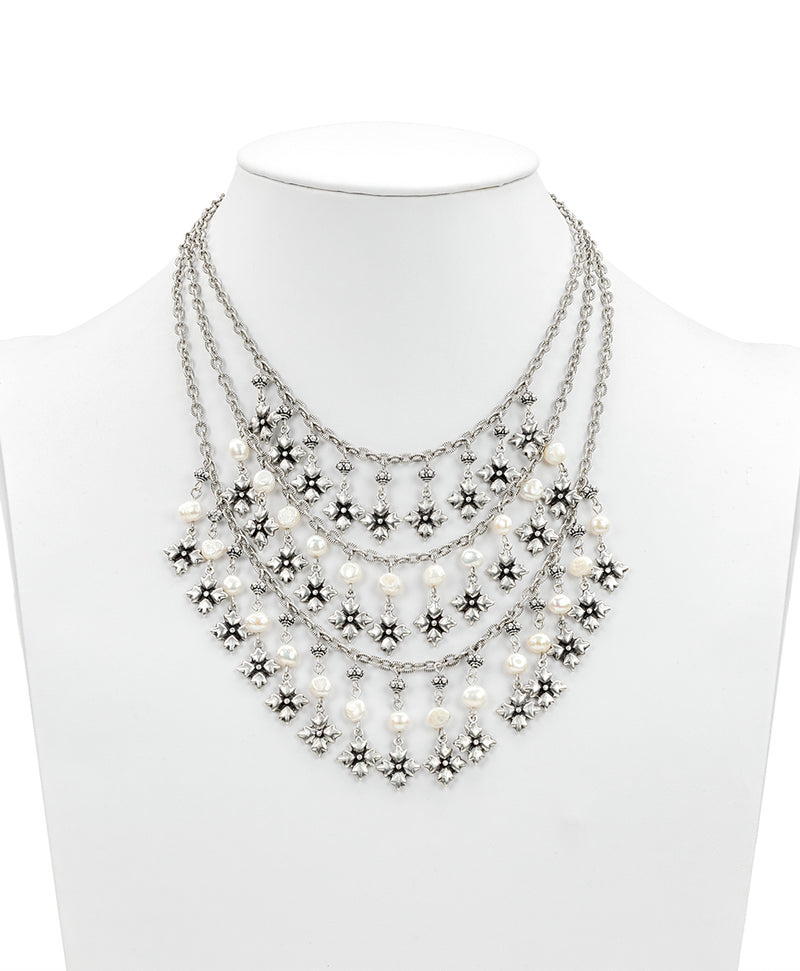 Multi Strand Floret and Pearl Necklace