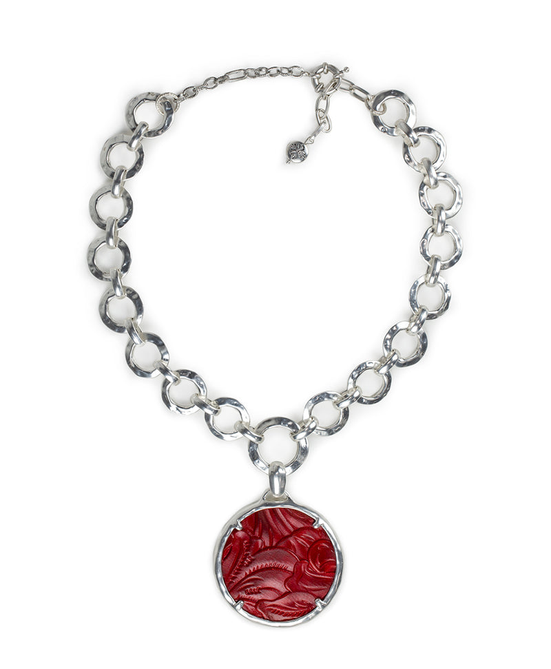 Jocelyn Necklace - Tooled Berry Red Leather Inset