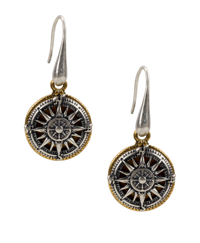Compass Drop Earrings - Silver Ox