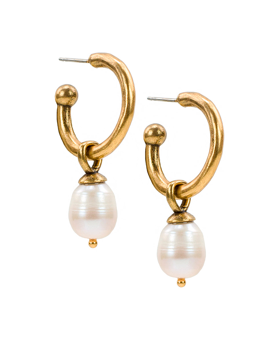 Pearl Hoop Drop Earrings - World Coin - antique gold - by Patricia Nash - View 1 of 2
