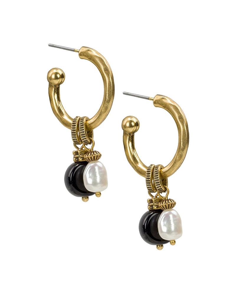 Pearl & Stone Hoop Drop Earrings - Tooled Flower & Vine