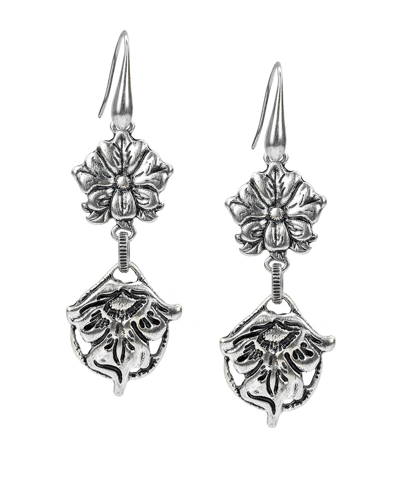 Double Drop Earrings - Tooled Flower & Vine