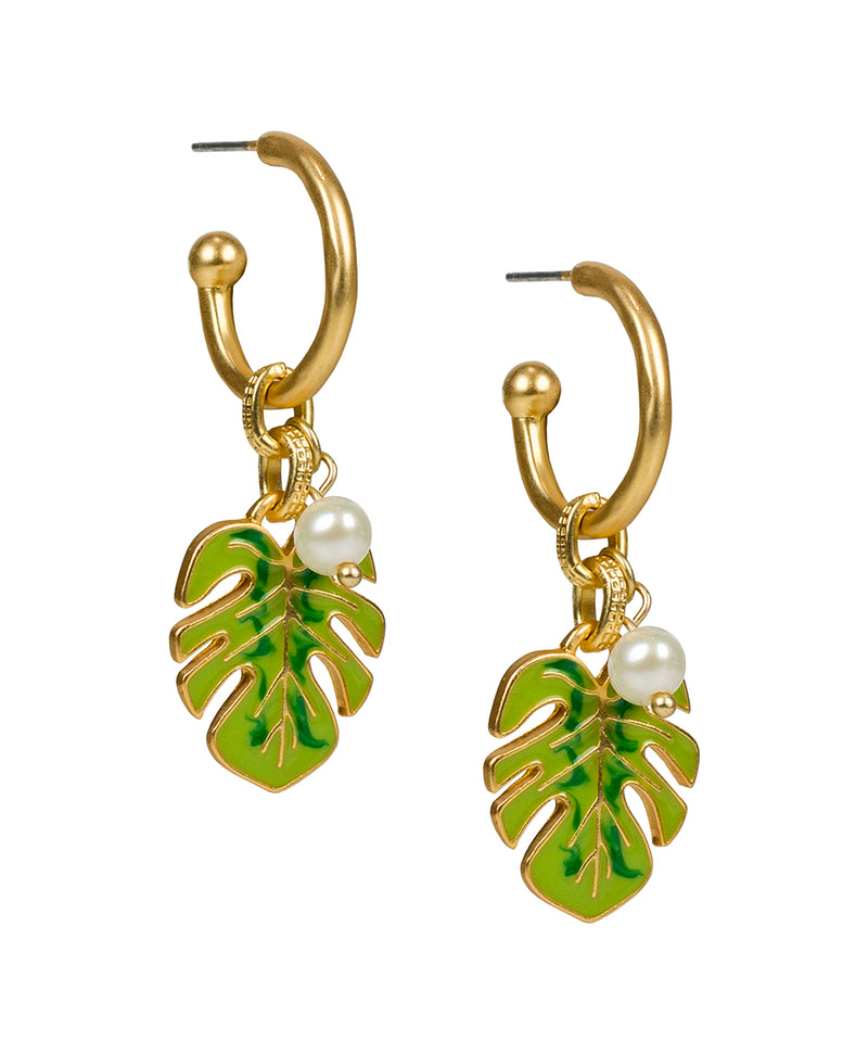 Enamel Leaf Hoop Drop Earrings - Rainforest Collection